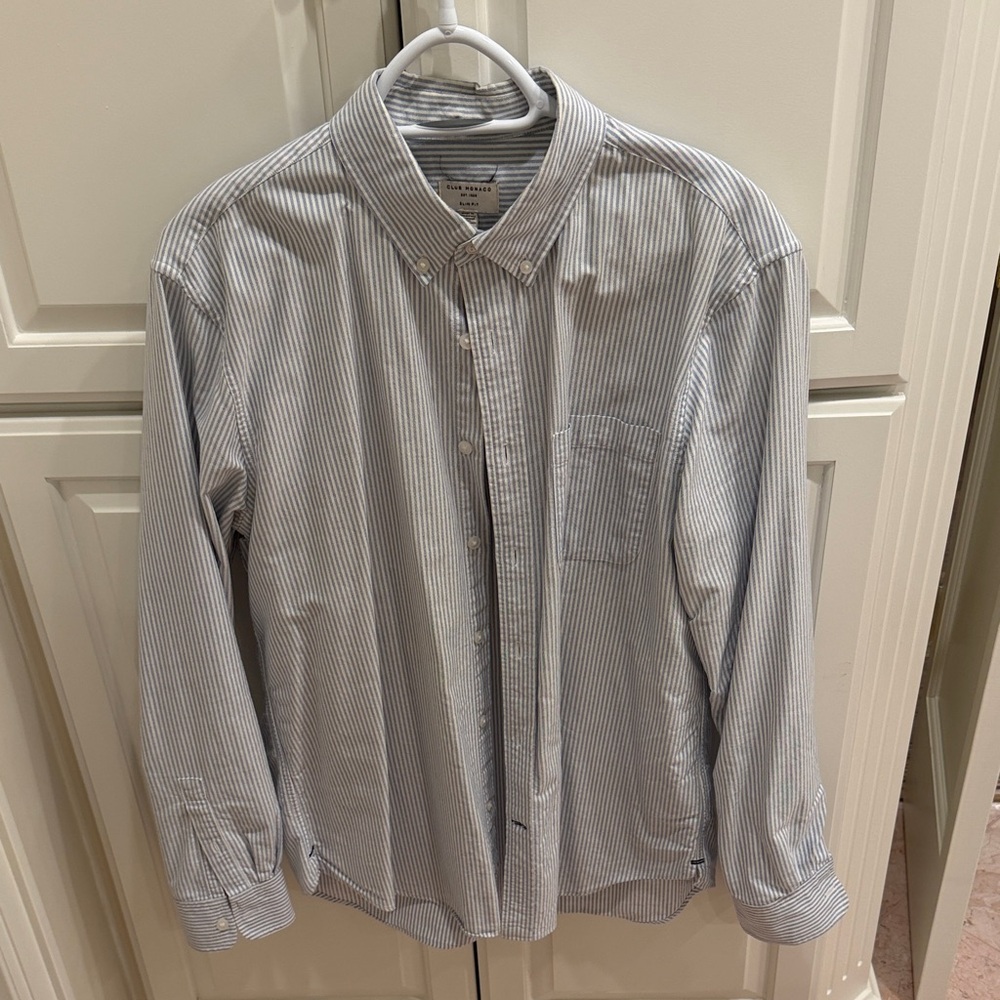 Club Monaco Men's Light Blue and White Striped Button-Down Shirt